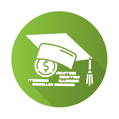 Student loan green flat design long shadow glyph icon. Credit to pay for university education. Tuition fee. Graduation hat, coin stack. College scolarship. Vector silhouette illustration