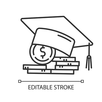 Student loan linear icon. Credit to pay for university education. Tuition fee. College scolarship. Thin line illustration. Contour symbol. Vector isolated outline drawing. Editable stroke