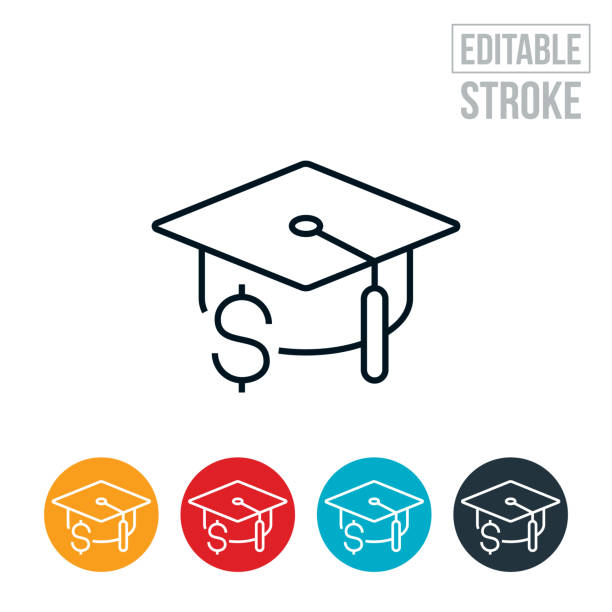 Student Loan Thin Line Icon - Editable Stroke An icon of a graduation cap with a dollar sign to represent a student loan. The icon includes editable strokes or outlines using the EPS vector file. student debt stock illustrations
