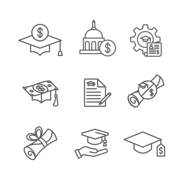 Student Loans Icon Set with Academic Scholarships & Debt Imagery Student Loans Icon Set - Academic Scholarships and Debt Imagery student loan forgiveness foreigh stock illustrations
