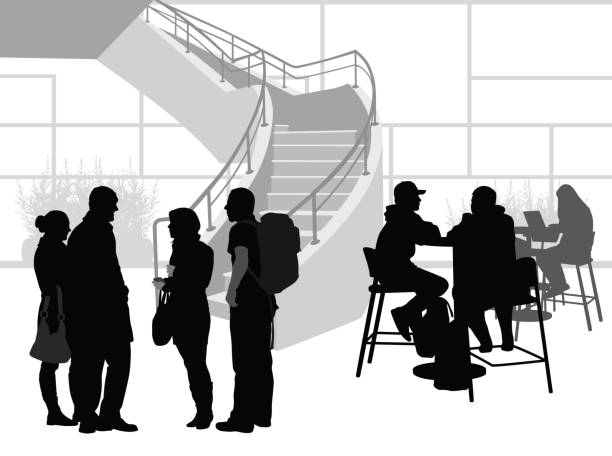 Student Talks College group of students talking in a common area architecture silhouettes stock illustrations