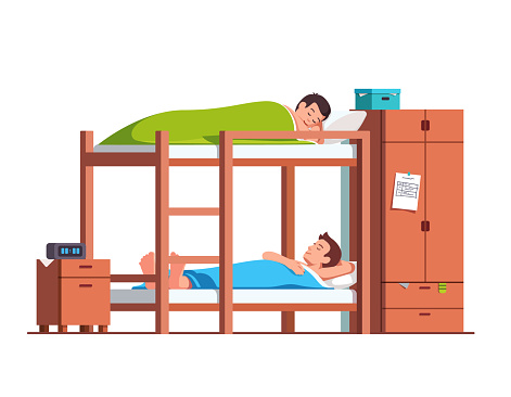 Students friends sleeping on bunk bed in dorm room