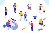 Different college students studying. Can use for web banner, infographics, hero images. Flat isometric vector illustration isolated on white background.