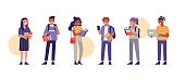 Students Group Holding Books and Gadgets. Diverse People Study Together. Girls and Boys in Modern Clothes. Education and Knowledge Concept with Characters. Flat Cartoon Vector Illustration isolated.