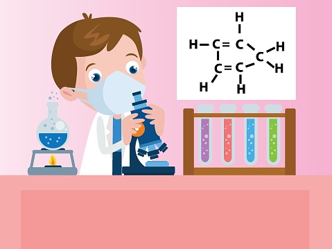 Students wearing facemask learning chemistry in lab cartoon