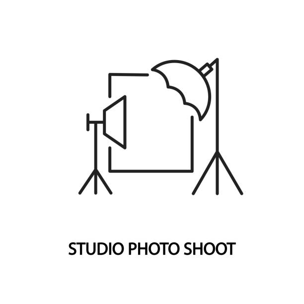スタジオの写真撮影フラットラインアイコン。フォトセッション - スタジオ点のイラスト素材／クリップアート素材／マンガ素材／アイコン素材