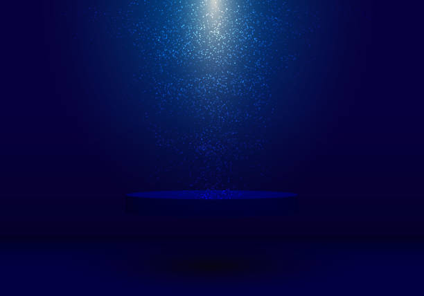 3D studio room blue pedestal floating on air and dust lighting on dark blue background vector art illustration