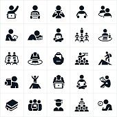 An icon set of students studying and learning. The icons also show students being taught by teachers. The icons show students in several different learning situations including the reading of books, study on computers, lectures and the classroom and test taking.