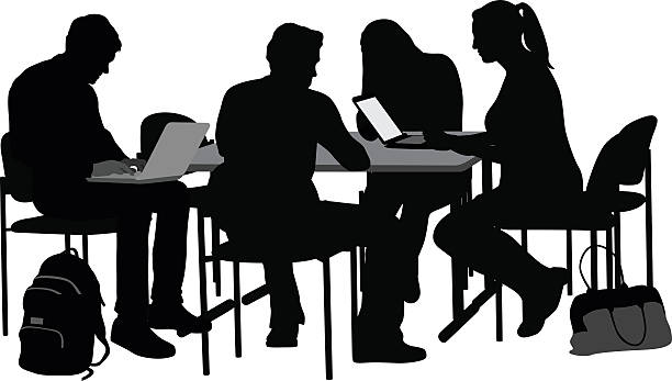 Studying At College With Friends A vector silhouette illustration of a groud of university or high school students gathered around a table as a study group with laptops on the table and back packs on the floor. laptop silhouettes stock illustrations