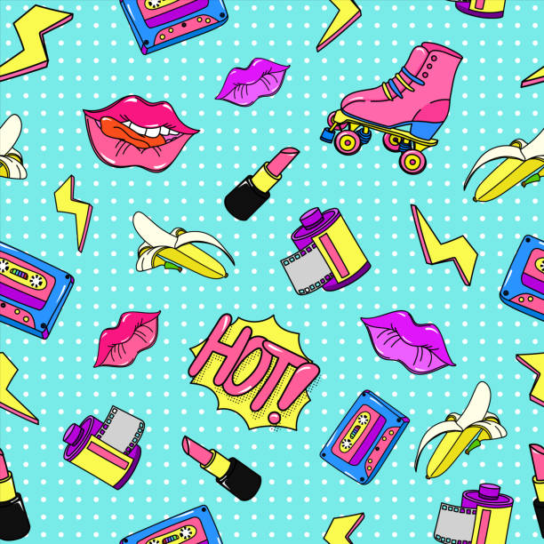 Style 90s pop pattern seamless. Retro color music cassette bright lipstick red reel with photographic film. Style 90s pop pattern seamless. Retro color music cassette bright lipstick red reel photographic film stylish lightning clipart roller skates vector design 80s and 90s brightly painted hot lips. lightning clipart stock illustrations