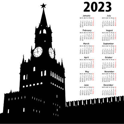 Stylish calendar with Moscow, Russia, Kremlin Spasskaya Tower with clock for 2023