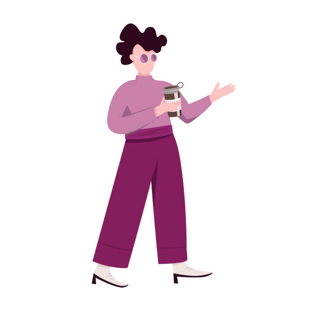 stylowa dziewczyna w okularach przeciwsłonecznych z filiżanką termo-kawowym płaskim wektorem bez twarzy. młoda kobieta trzymająca termos z gorącym napojem izolowana ilustracja z kreskówek do projektowania i animacji - curley cup stock illustrations