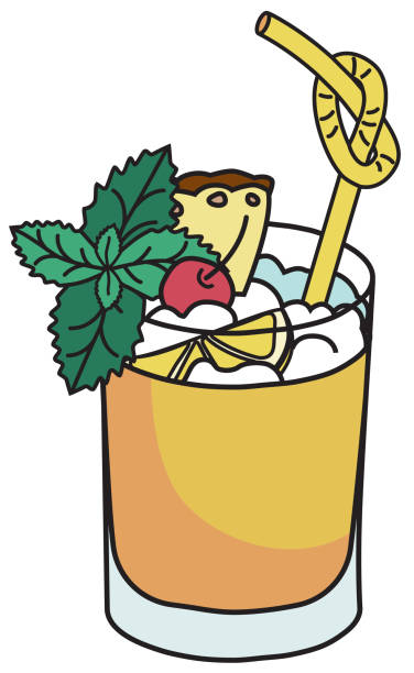 Stylish hand-drawn doodle cartoon style vector illustration. Sweet Caribbean Tiki Mai Tai cocktail in rocks highball glass garnished with slice of lemon, cherry, pineapple and mint leaves Stylish hand-drawn doodle cartoon style vector illustration. Sweet Caribbean Tiki Mai Tai cocktail in rocks highball glass garnished with slice of lemon, cherry, pineapple and mint leaves. cocktail clipart stock illustrations