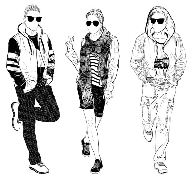 illustrations, cliparts, dessins animés et icônes de mode de rue style mâle et femelle - chemise en jeans poche