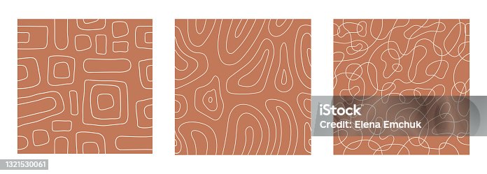 istock Stylish set abstract seamless pattern with white geometric tangled lines on terracotta background 1321530061