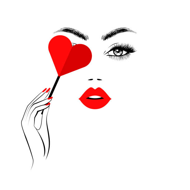 Stylish woman is keeping paper heart in her hand and closing eye, beautiful face, red lips, lush eyelashes, red nails manicure art. Beauty logo. Vector illustration, wallpaper background print. Stylish woman is keeping paper heart in her hand and closing eye, beautiful face, red lips, lush eyelashes, red nails manicure art. Beauty logo. Vector illustration, wallpaper background print. beautiful woman stock illustrations