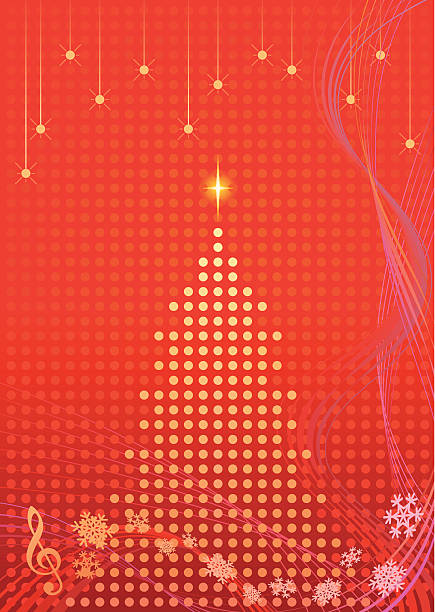 Stylized Christmas Tree in Dots Pattern Vector Stylized Christmas Tree with Shiny Star at top in dots pattern with music note and snow flakes in festive red background. Designed for Christmas Greeting Card. Vector-Based Illustration, No gradient mesh and 3D program used. Download Includes: High Resolution JPG, Illustrator 0.8 EPS, CS2 AI & EPS. Please check out more of my stock illustrations and photos at: http://www.istockphoto.com/portfolio/phi2. christmas music background stock illustrations