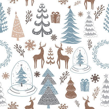 Stylized Christmas trees, Christmas wreath, reindeer, snowflakes and gifts. Seamless vector pattern. Wrapping paper.