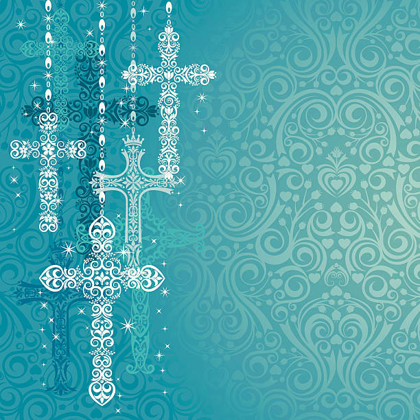 Stylized Crosses Ornate Lacy Crosses on a Damask Background. Room for your copy. religious cross backgrounds stock illustrations