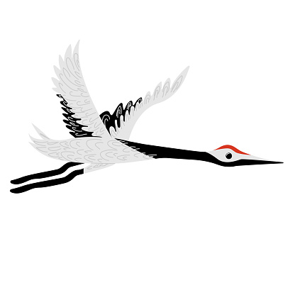 Stylized Cute Stork Flying in the sky. Isolated Background