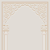 Stylized door in arabic architectural style arch with ornamental patterned stone relief and pillars of islamic mosque, greeting card for Ramadan Kareem