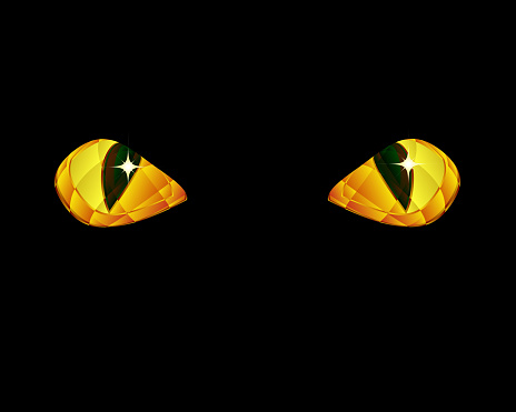 Stylized drawing of faceted golden cat eyes against black