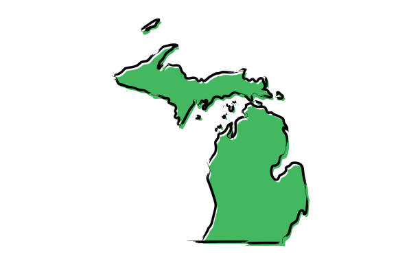stylizowana zielona mapa szkicu michigan - michigan stock illustrations