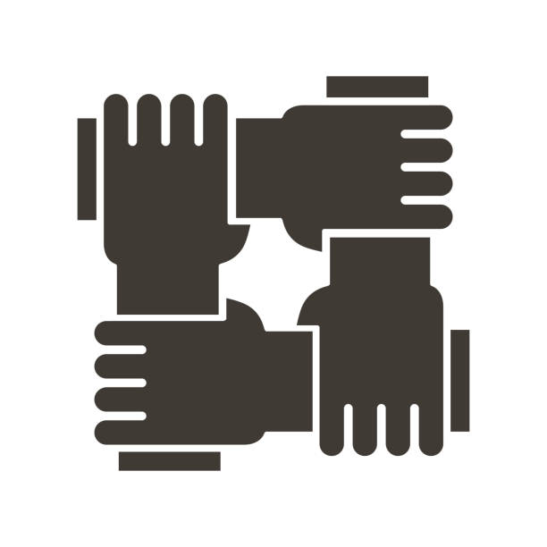 Stylized icon design with 4 hands holding together. Illustration for different concepts like teamwork, community, unity and equality Vector eps10 four people stock illustrations