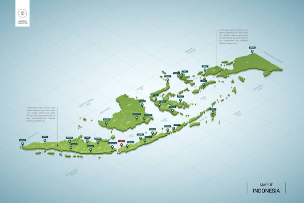 stockillustraties, clipart, cartoons en iconen met gestileerde kaart van indonesië. isometrische 3d groene kaart met steden, grenzen, hoofdstad jakarta, regio's. vectorillustratie. bewerkbare lagen die duidelijk zijn gelabeld. engels. - indonesië
