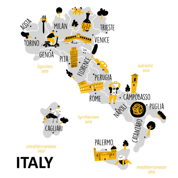 stockillustraties, clipart, cartoons en iconen met gestileerde kaart van italië met belangrijkste aantrekkelijkheden, oriëntatiepunten en culturele symbolen. - napoli