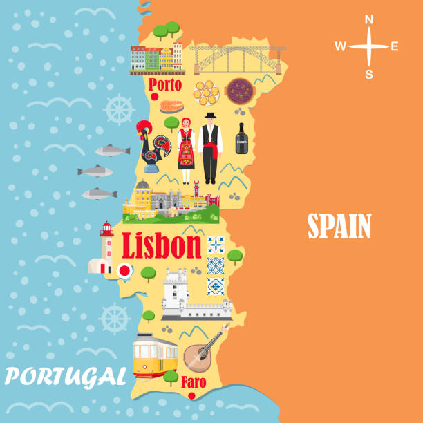 Stylized map of Portugal. Travel illustration with Portuguese landmarks Stylized map of Portugal. Travel illustration with Portuguese landmarks, architecture, national costume and other symbols in flat style. Vector illustration barcelos stock illustrations