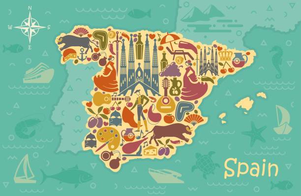 bildbanksillustrationer, clip art samt tecknat material och ikoner med stiliserad karta över spanien - kastanjetter
