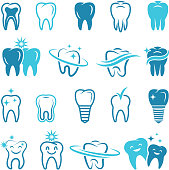 Stylized monochrome pictures of teeth. Dental concept illustrations for logos. Dental care logo, health tooth and hygiene vector