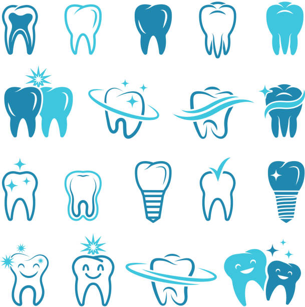 ilustrações de stock, clip art, desenhos animados e ícones de stylized monochrome pictures of teeth. dental concept illustrations for logos - dental