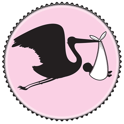 Stylized stork silhouette dropping off baby girl
