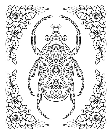 Stylized with henna tattoo decorative pattern for decorating covers book, notebook, casket, postcard and folder. Flower beetle and border in mehndi style. Frame in the eastern tradition.
