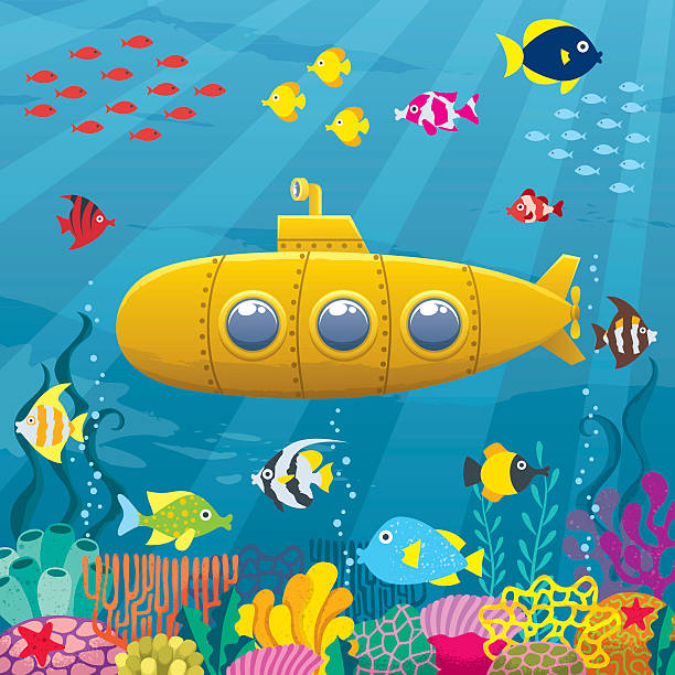 Submarine Background Cartoon yellow submarine underwater. cartoon fish stock illustrations