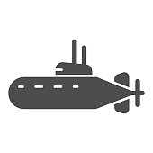 istock Submarine solid icon, nautical concept, underwater boat sign on white background, Submarine with periscope icon in glyph style for mobile concept and web design. Vector graphics. 1254860681