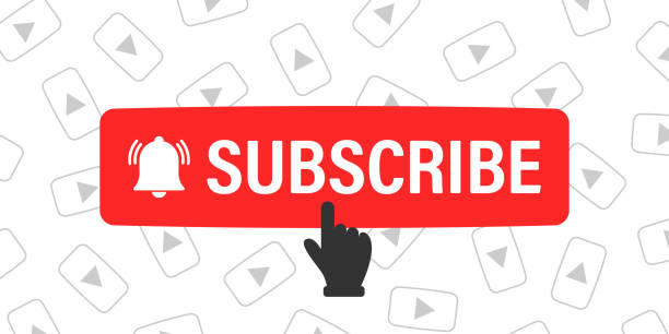 Subscribe button and hand cursor with play icons on background. Red button subscribe to channel, blog. Social media background. Marketing advertising. Vector illustration Subscribe button and hand cursor with play icons on background. Red button subscribe to channel, blog. Social media background. Marketing advertising. Vector illustration youtube stock illustrations