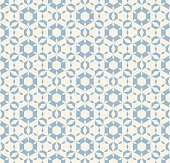 Subtle vector geometric seamless pattern. Modern texture with icy figures, hexagonal elements, floral tiles, mosaic. Delicate white and light blue abstract background. Repeat design for decoration