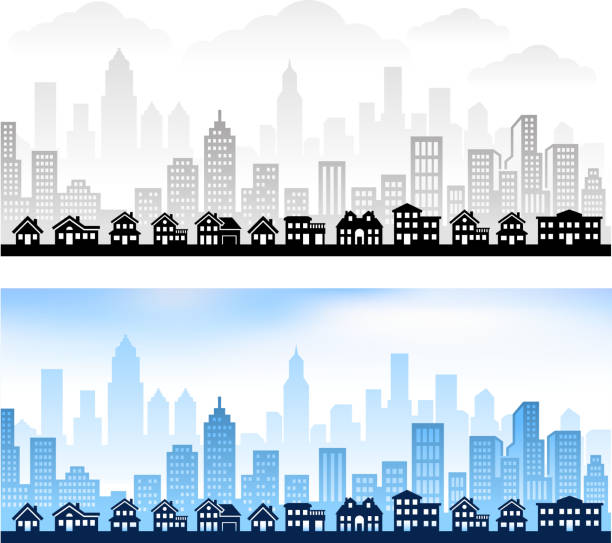 suburban community with city skyline panoramic royalty free vector graphic - 大型房屋建設 幅插畫檔、美工圖案、卡通及圖標