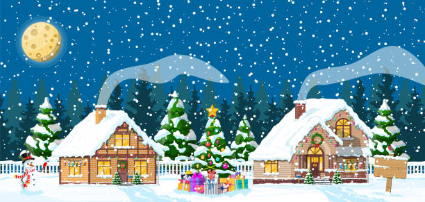 ilustraciones, imágenes clip art, dibujos animados e iconos de stock de casa suburbana cubierto de nieve. - christmas lights house