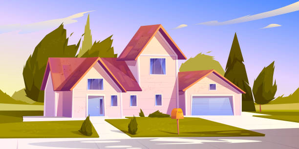 Suburban house, residential cottage, real estate Suburban house, residential cottage, real estate countryside building exterior. Two storey dwelling place with garage. Home facade with garden and green lawn in front yard. Cartoon vector illustration front yard stock illustrations