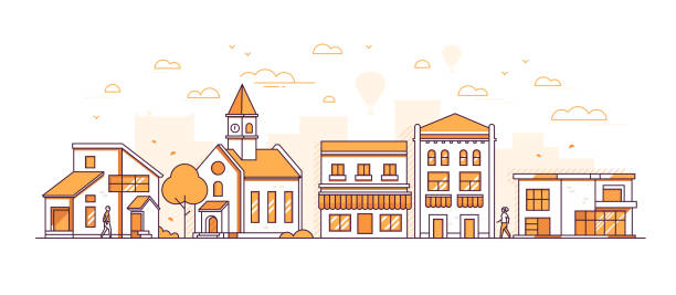 Suburban landscape - modern thin line design style vector illustration Suburban landscape - modern thin line design style vector illustration on white background. Orange colored high quality composition with facades of buildings, town hall, shops, trees, people walking store backgrounds stock illustrations