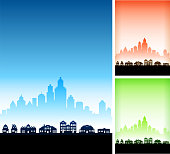 Suburbs Cityscape with Modern City Skyline Vector Background. This royalty free vector illustration features a silhouette of residential buildings and homes in the foreground with a cityscape set in the background. The image includes three variation, the main one in blue with alternate version in red and in green on the right. Each house or building can be used independently. There is also plenty of space for copy. Architectural details such as doors and windows make this a perfect option for your neighborhood announcements.