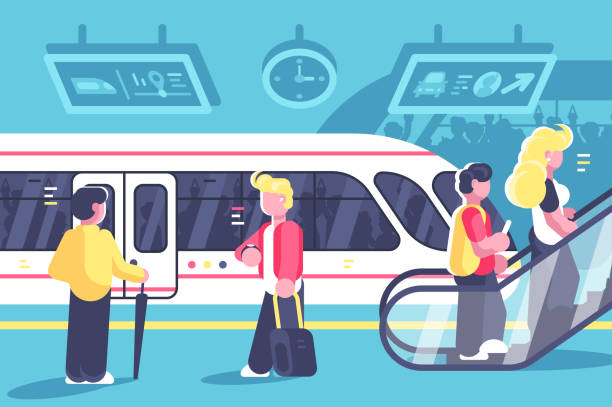 ilustrações de stock, clip art, desenhos animados e ícones de subway interior with people train and escalator - stairs subway