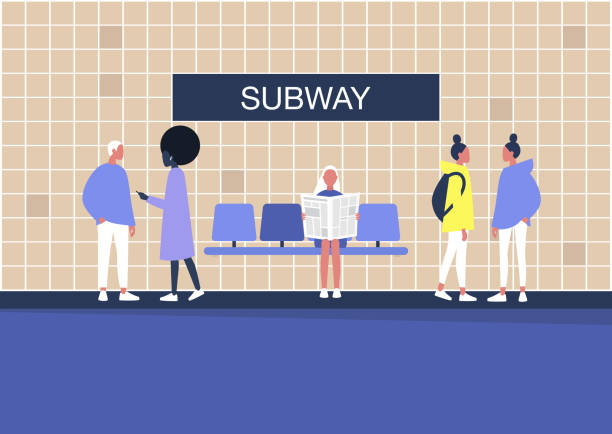 bildbanksillustrationer, clip art samt tecknat material och ikoner med tunnelbanepassagerare väntar på ett tåg på en plattform, stadstransporter - tunnelbana