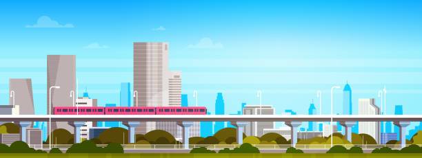 stockillustraties, clipart, cartoons en iconen met metro trein over moderne stad panorama met hoge wolkenkrabbers, cityscape achtergrond horizontale banner - train travel