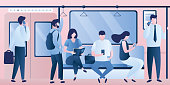 Subway underground, train car modern interior with various passengers with gadgets. People sitting and standing. Male and female characters in trendy style, vector illustration.