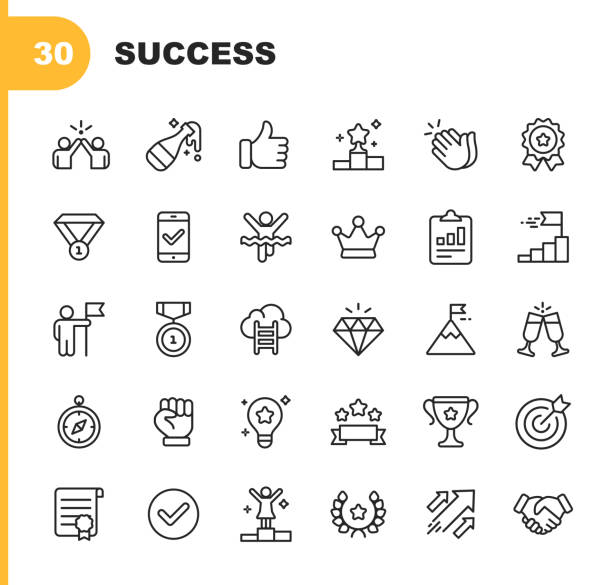Success and Awards Line Icons. Editable Stroke. Pixel Perfect. For Mobile and Web. Contains such icons as Champagne, High Five, Finish Line, Handshake, Medal. 30 Success and Awards Outline Icons. success icons stock illustrations